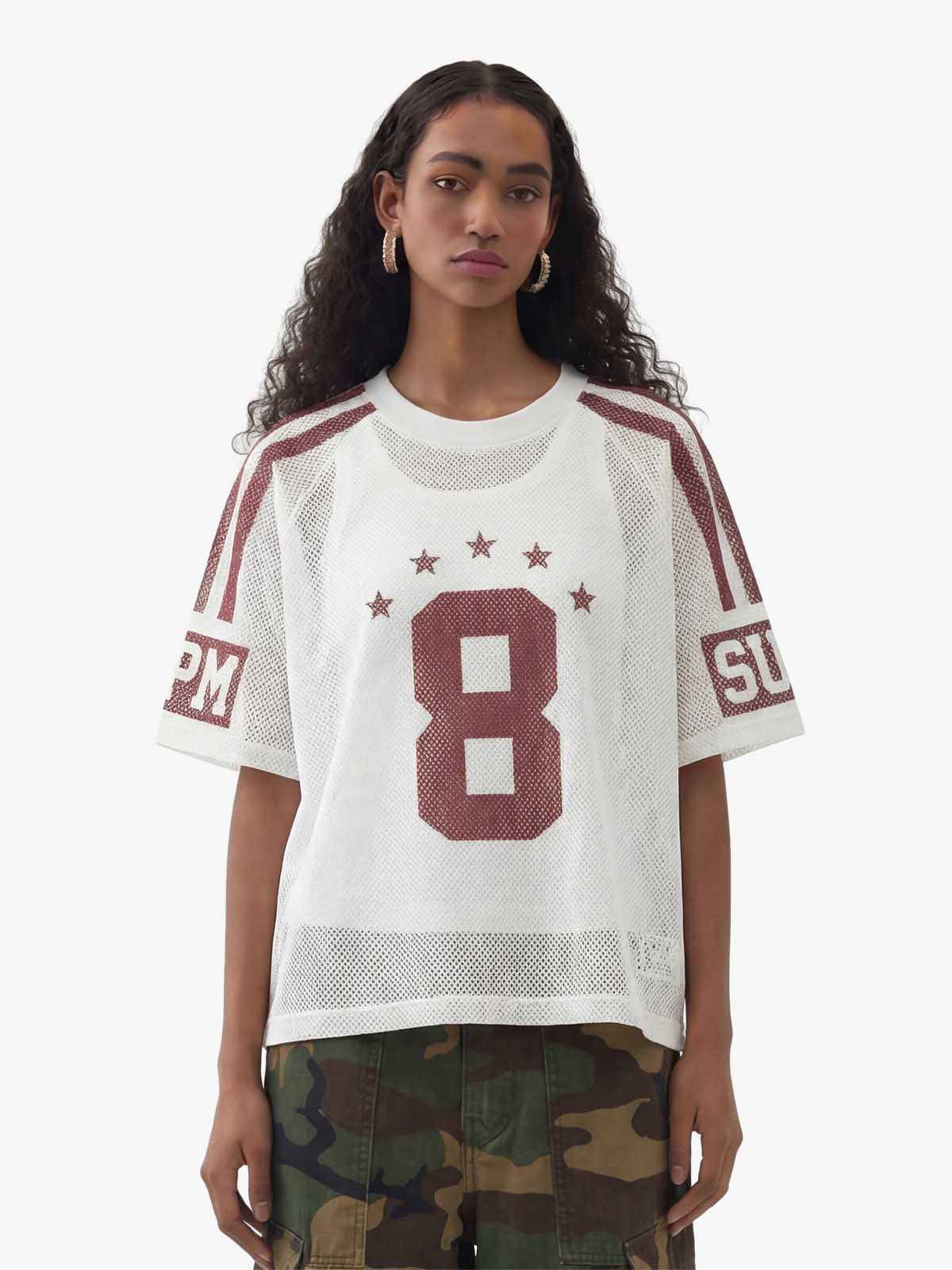 Star Design Number 8 Cropped Sleeve Stripes Jersey T-Shirt