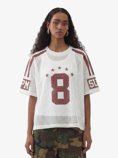 Star Design Number 8 Cropped Sleeve Stripes Jersey T-Shirt