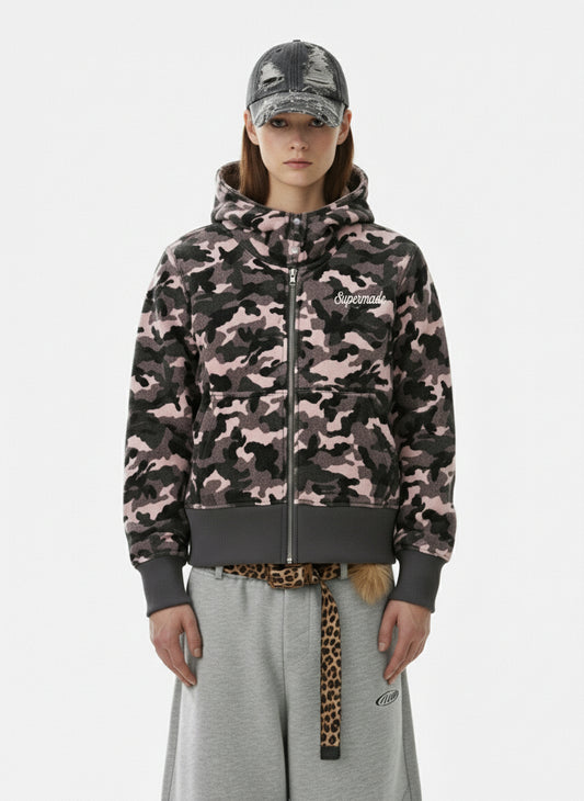 Camo Sherpa-Lined Detachable-Collar Fleece Hooded Jacket