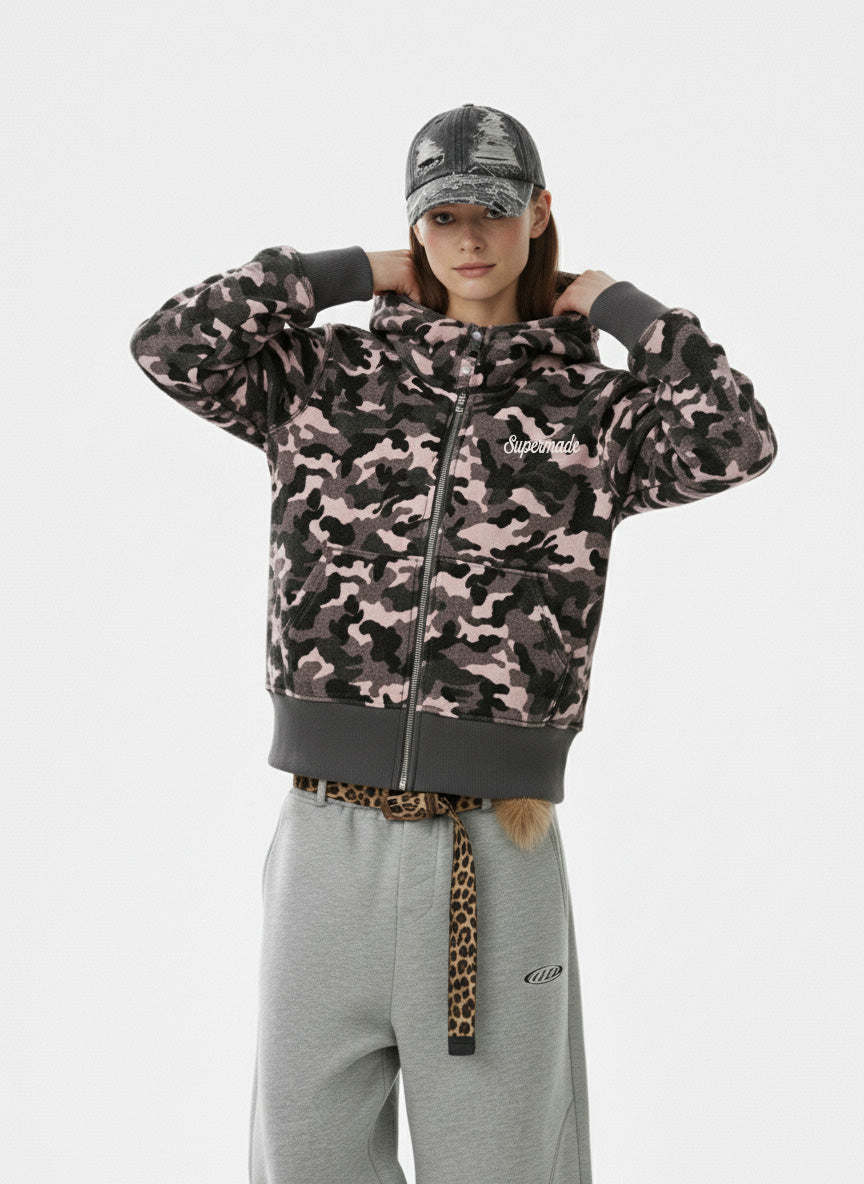 Camo Sherpa-Lined Detachable-Collar Fleece Hooded Jacket