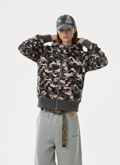 Camo Sherpa-Lined Detachable-Collar Fleece Hooded Jacket