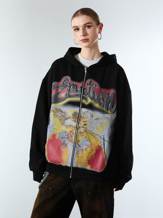 Retro Hip-Hop Cupid Rhinestone Zip Up Hoodie