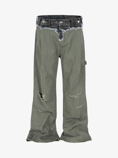 Camouflage Patchwork Whisker Baggy Jeans 