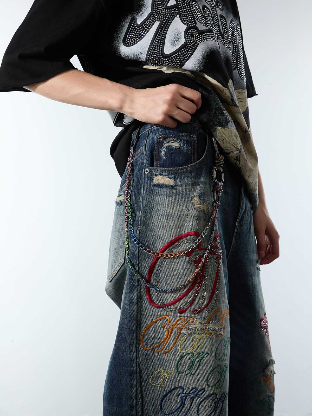 Retro Rhinestone Letter Embroidery Distressed Baggy Jeans