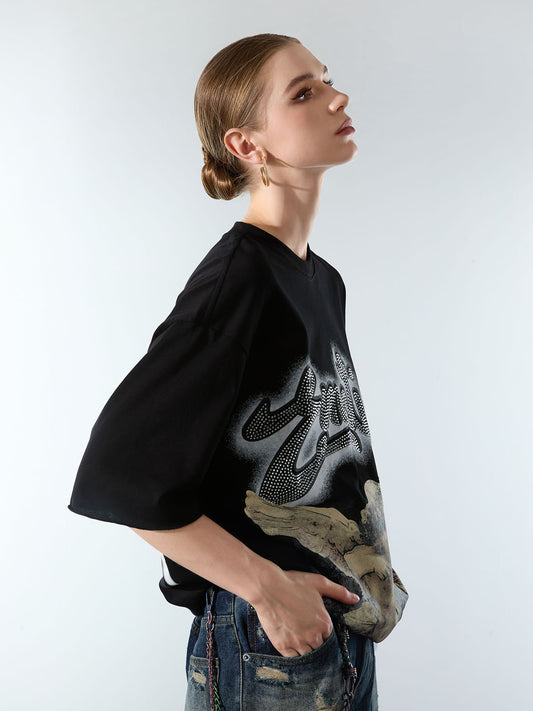 Retro Cupid Rhinestone Graphic T-Shirt