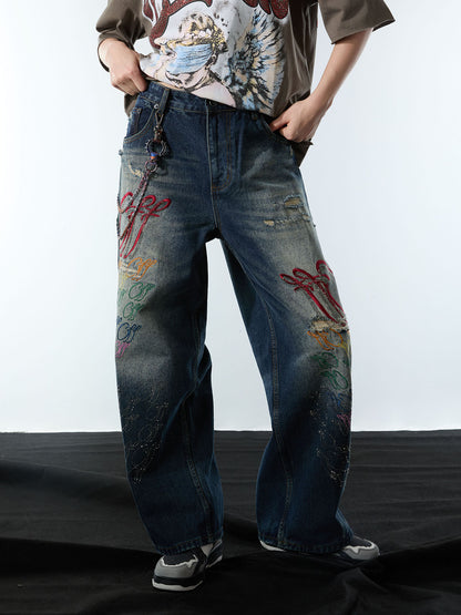 Retro Rhinestone Letter Embroidery Distressed Baggy Jeans