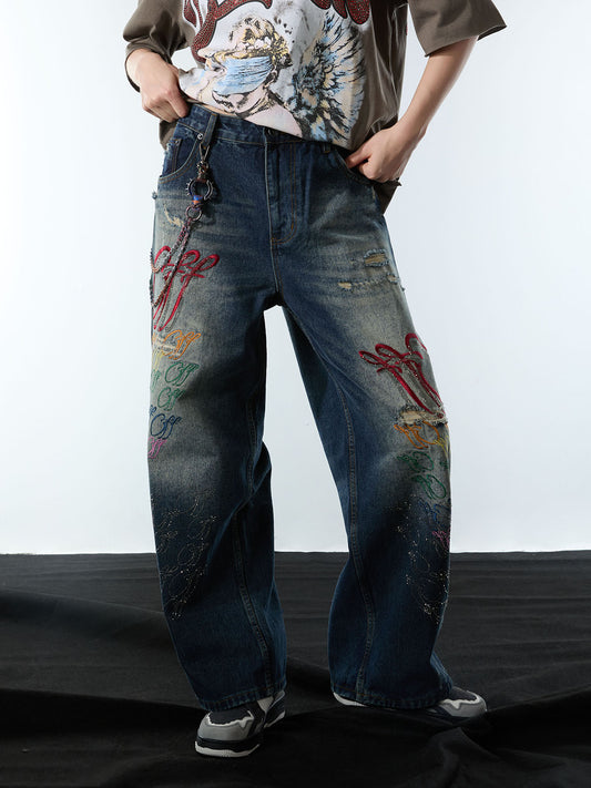 Retro Rhinestone Letter Embroidery Distressed Baggy Jeans