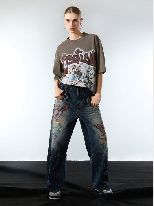 Retro Rhinestone Letter Embroidery Distressed Baggy Jeans
