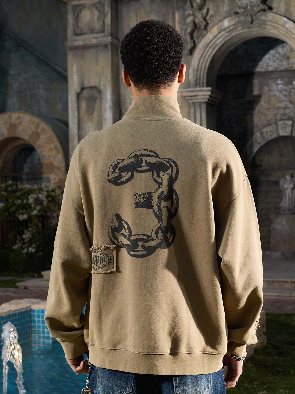 Cotton Blend Patchwork Bomber Jacket with Graphic Embroidery and Zipper Closure?