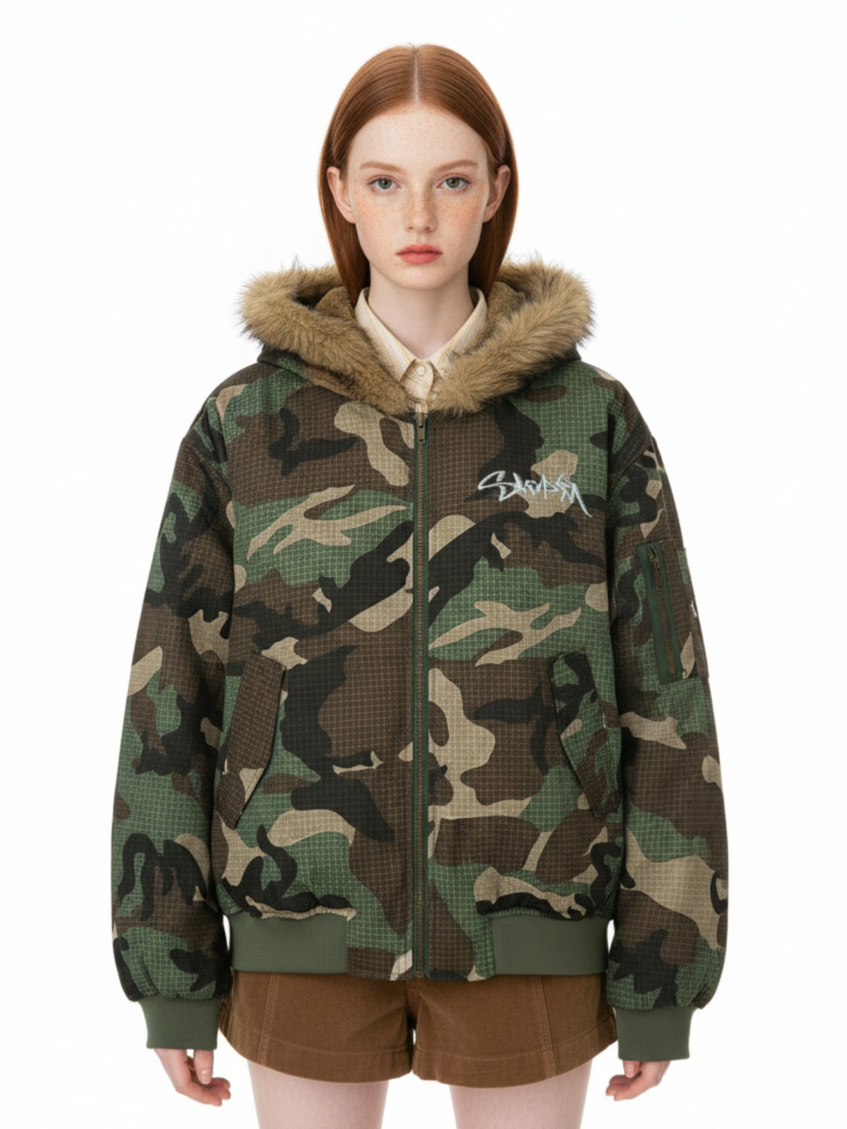 Camouflage Fur Collar Reversible Cotton Jacket - 2499