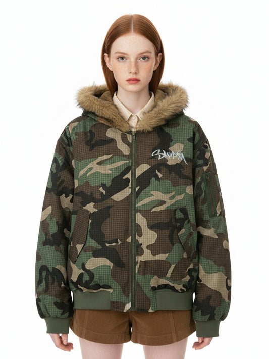 Camouflage Fur Collar Reversible Cotton Jacket - 2499