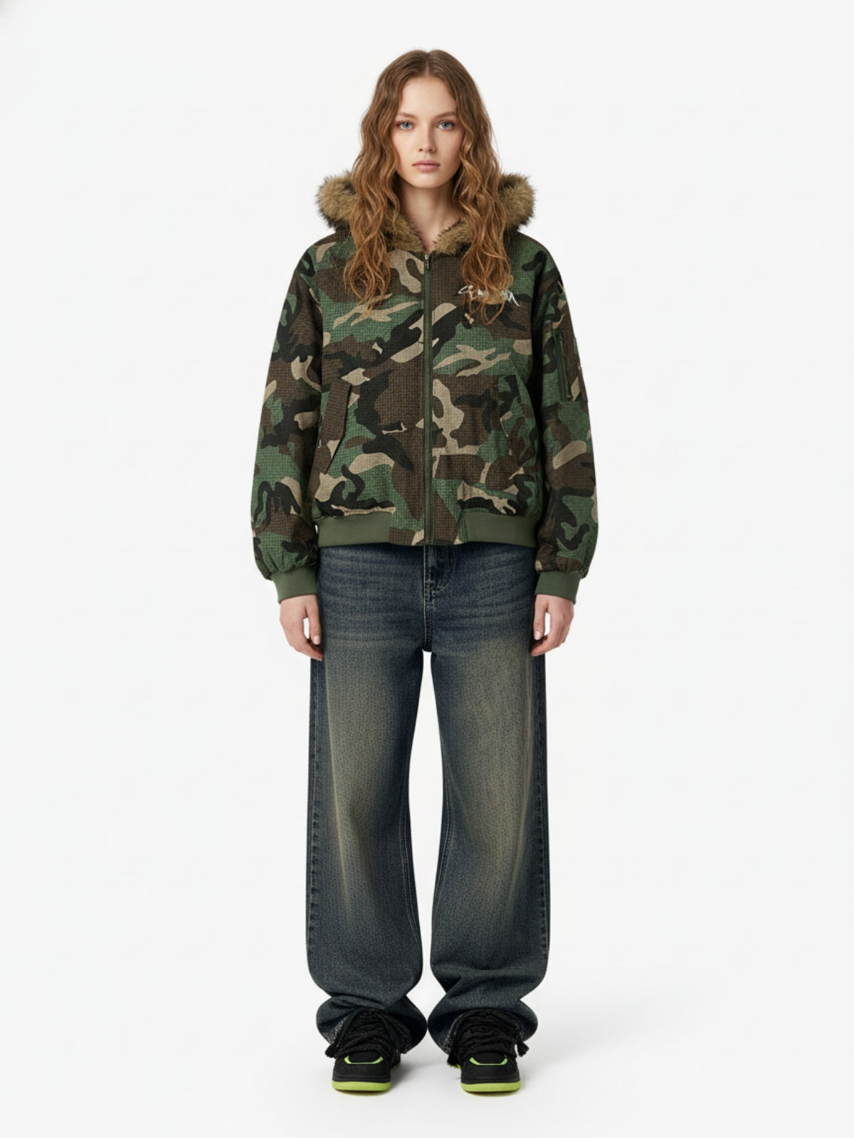 Camouflage Fur Collar Reversible Cotton Jacket - 2499