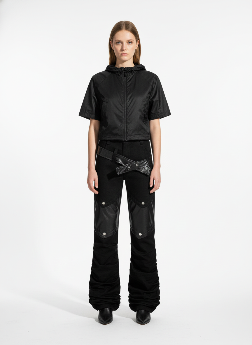 Vintage Heavy Pleated PU Leather Stitch Patchwork Flared Pants