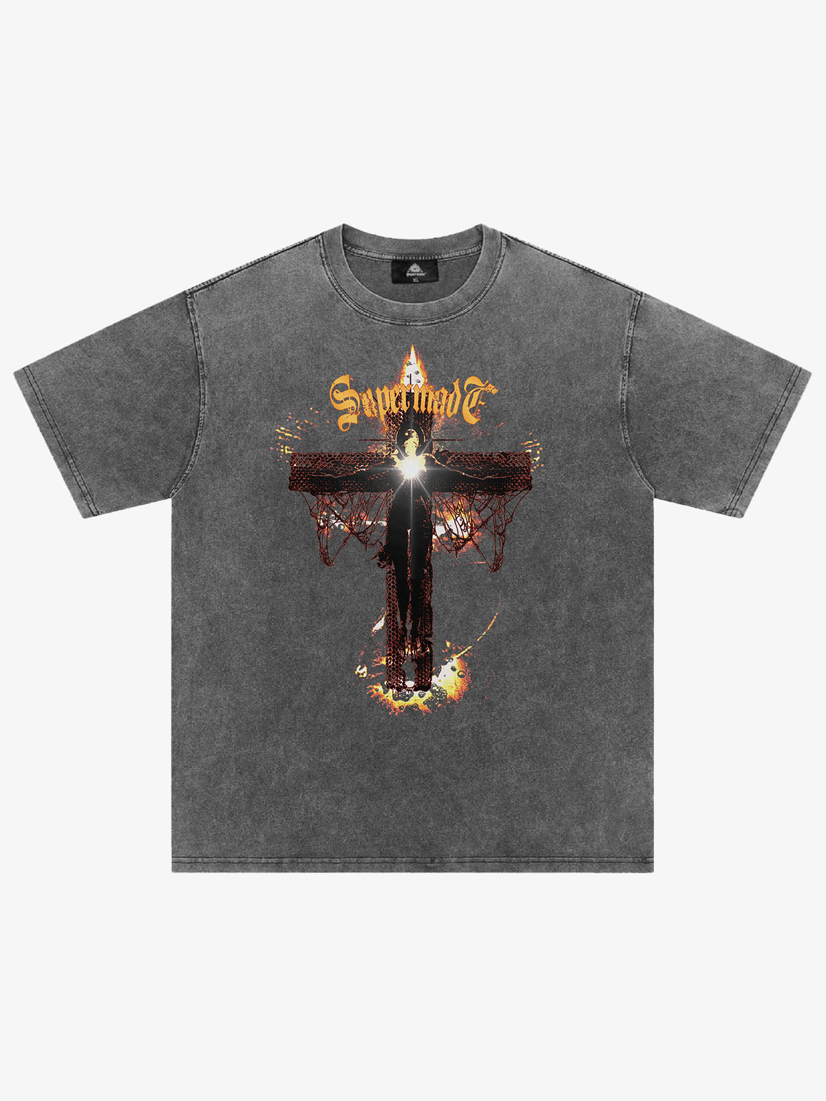 THE SUPERMADE Gothic Flame Cross Graphic T-Shirt for Bold Statement Wear 