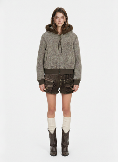 Vintage Faux Shearling Hooded Fleece Zip Up Bomber Jacket