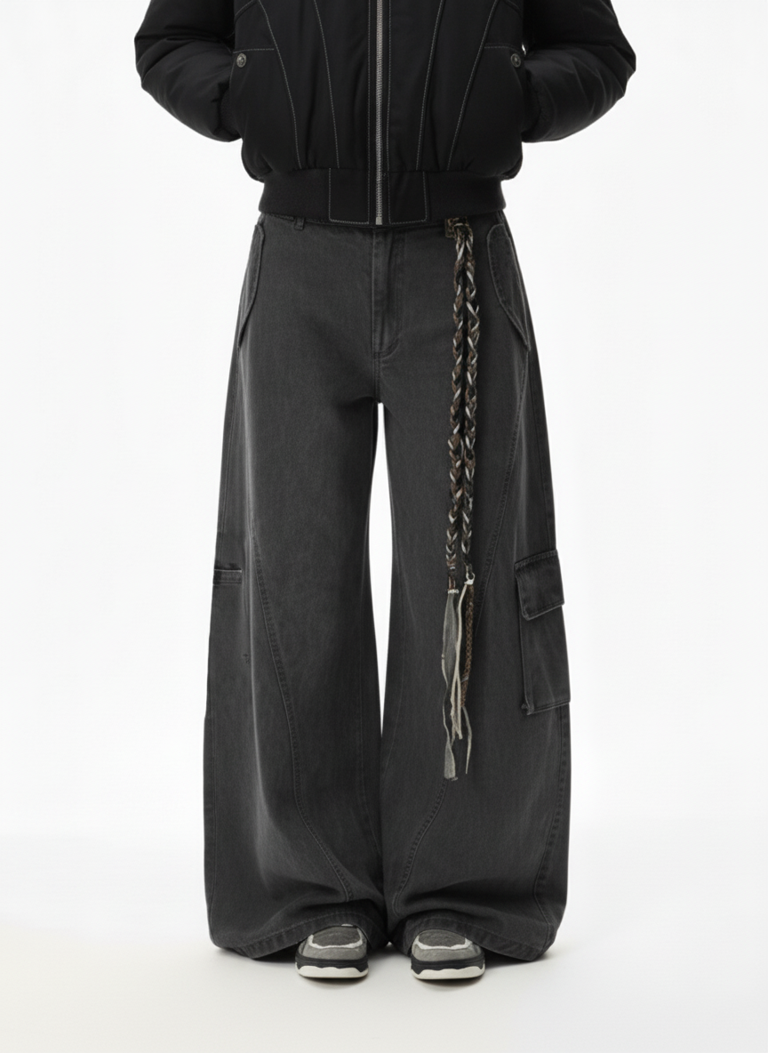 Washed Cargo Webbing Barrel Pants