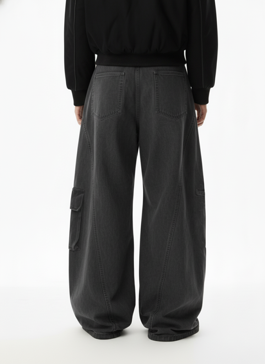 Washed Cargo Webbing Barrel Pants