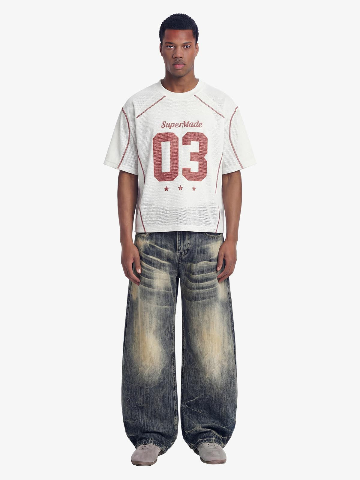 Retro Mesh Panel Number Print Contrast Stitch Jersey T-Shirt?