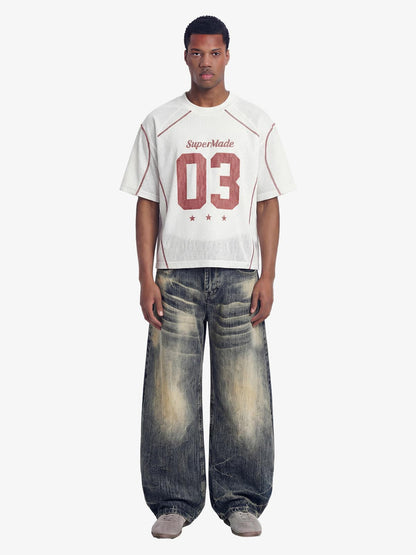 Retro Mesh Panel Number Print Contrast Stitch Jersey T-Shirt?