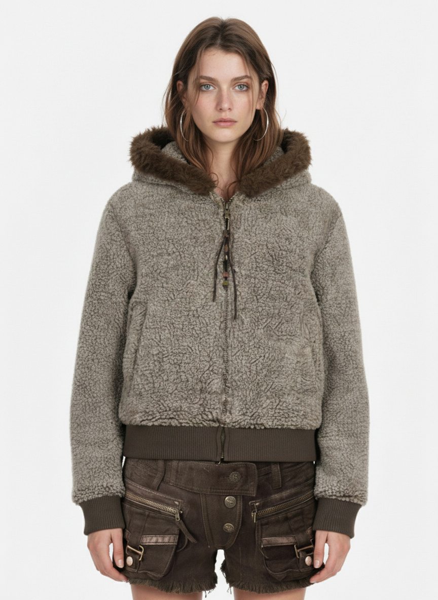 Vintage Faux Shearling Hooded Fleece Zip Up Bomber Jacket