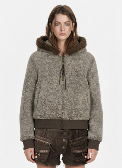 Vintage Faux Shearling Hooded Fleece Zip Up Bomber Jacket