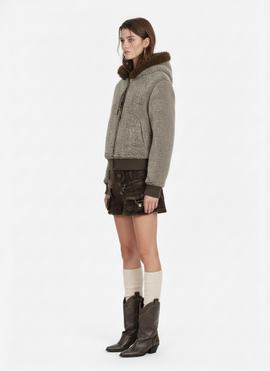 Vintage Faux Shearling Hooded Fleece Zip Up Bomber Jacket