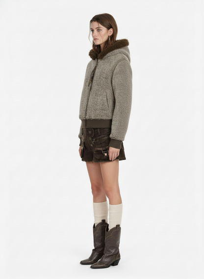 Vintage Faux Shearling Hooded Fleece Zip Up Bomber Jacket