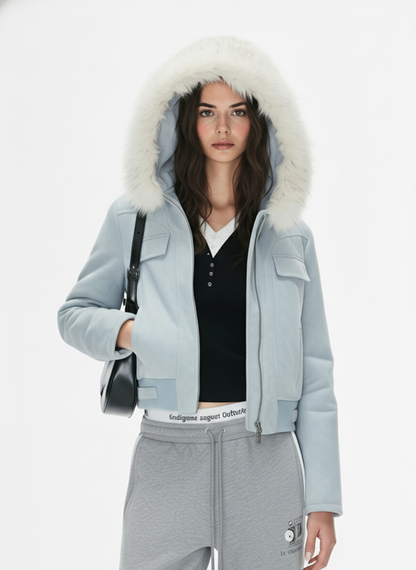 Suede Fur Hooded Slim Fit Jacket