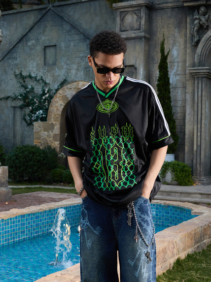 Supermade Color-Blocked V-Neck Embroidered Jersey Short-Sleeved?