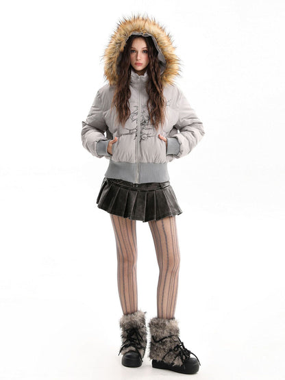 Retro Dark Print Faux Fur Collar Quilted Jacket 