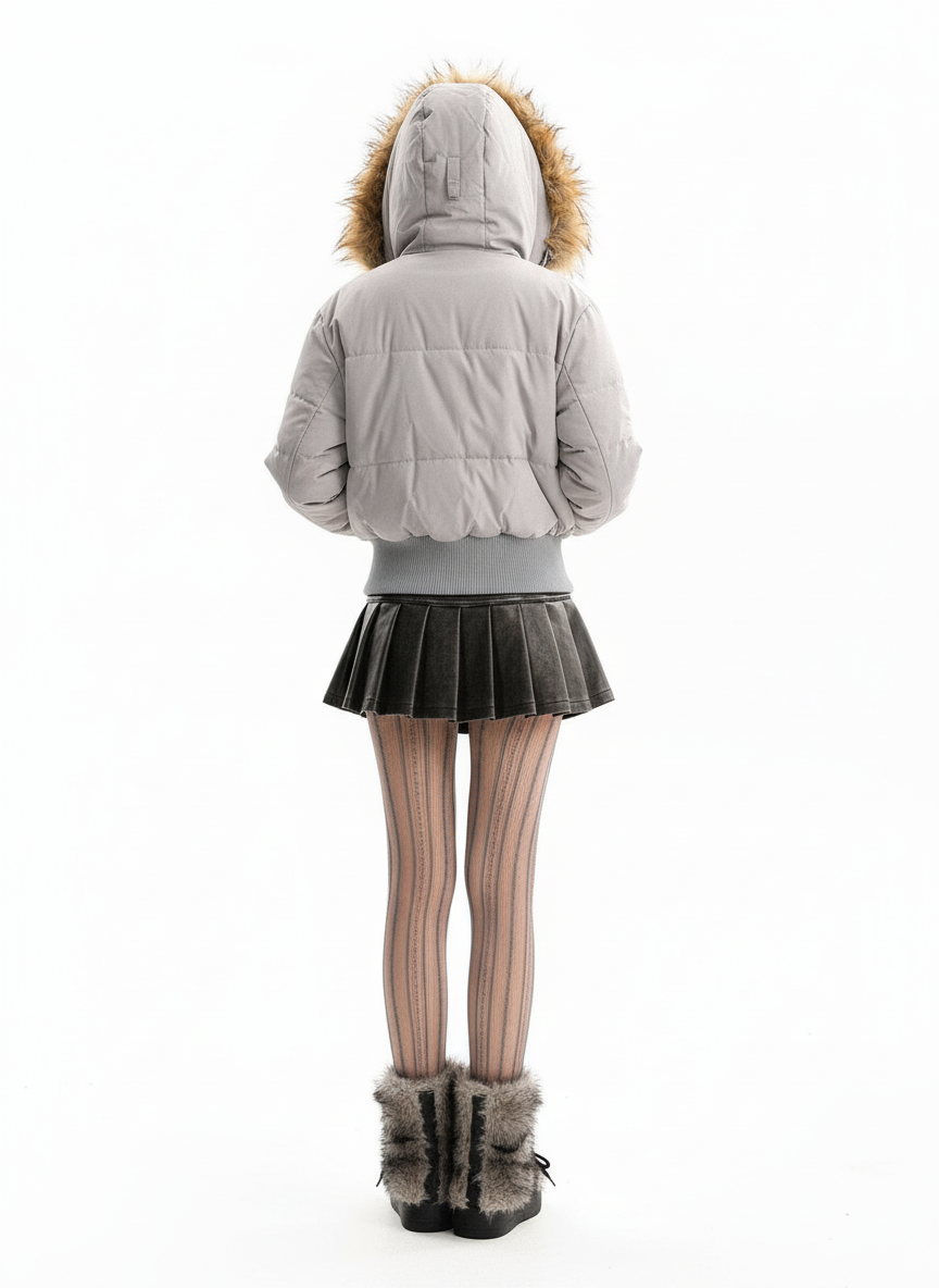 Retro Dark Print Faux Fur Collar Quilted Jacket