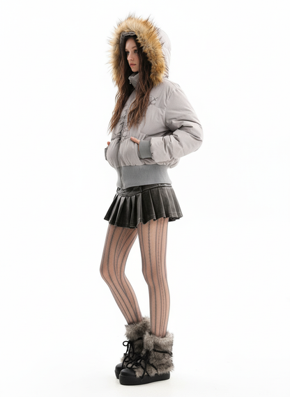 Retro Dark Print Faux Fur Collar Quilted Jacket