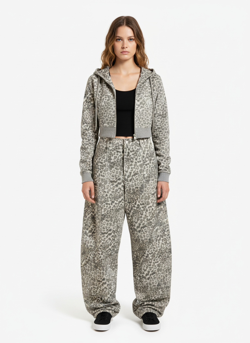 Street Leopard Camouflage Pleated Barrel Jeans
