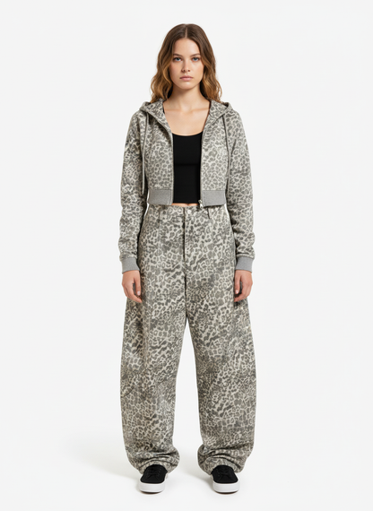 Street Leopard Camouflage Pleated Barrel Jeans