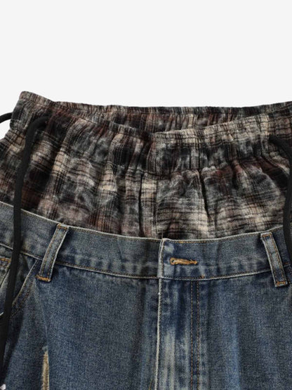 Denim Patchwork Wide Leg Pants with Drawstring Waist and Distressed Details 