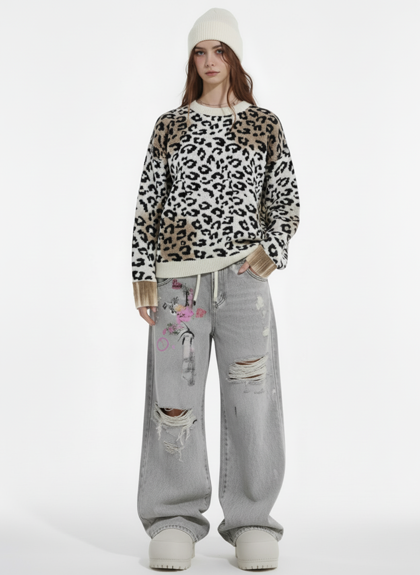 Street Leopard Print Knit Sweater
