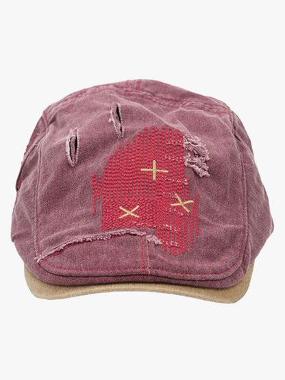 Cotton Denim Patchwork Flat Cap with Embroidered Red Panel and Distressed Details?