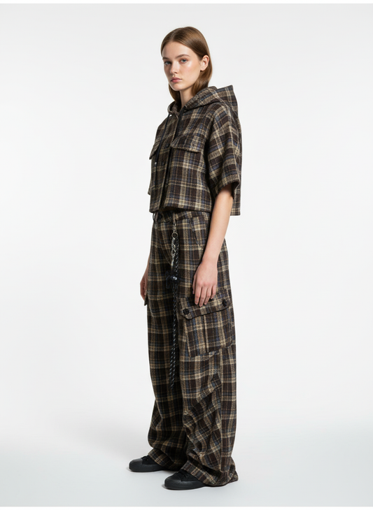 Vintage Plaid Pleated Multi-Pocket Cargo Casual Pants