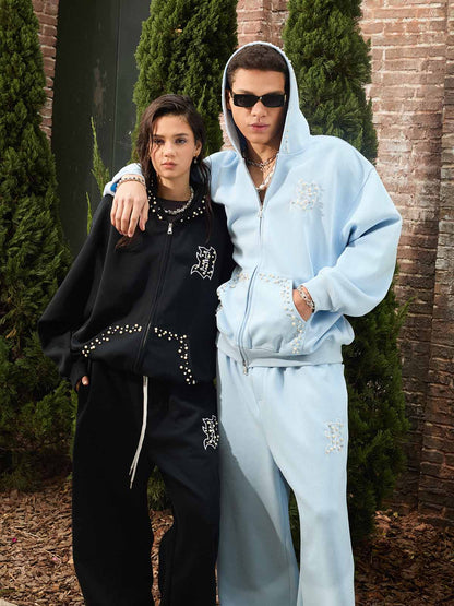 Cotton Blend Embroidered Pearl Detail Track Jacket with Zip Front and Hood 