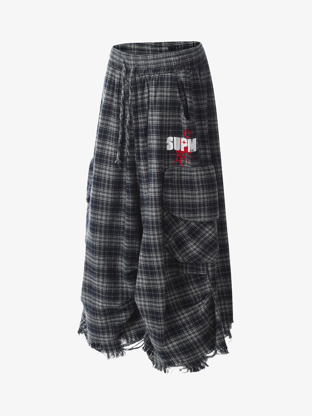 Cotton Plaid Wide Leg Culottes with Frayed Hem and Cargo Pockets?