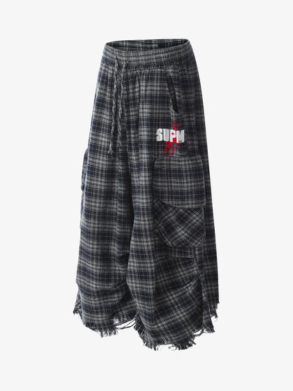 Cotton Plaid Wide Leg Culottes with Frayed Hem and Cargo Pockets?