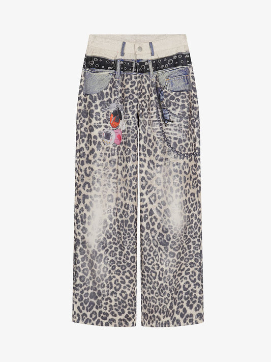 Vintage Leopard 3D Print Double Waistband Washed Jeans 
