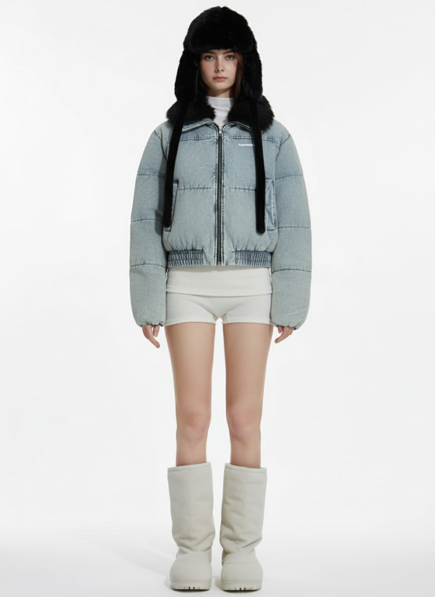 Retro Washed Denim Faux Fur Collar Quilted Jacket