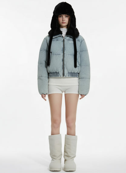 Retro Washed Denim Faux Fur Collar Quilted Jacket