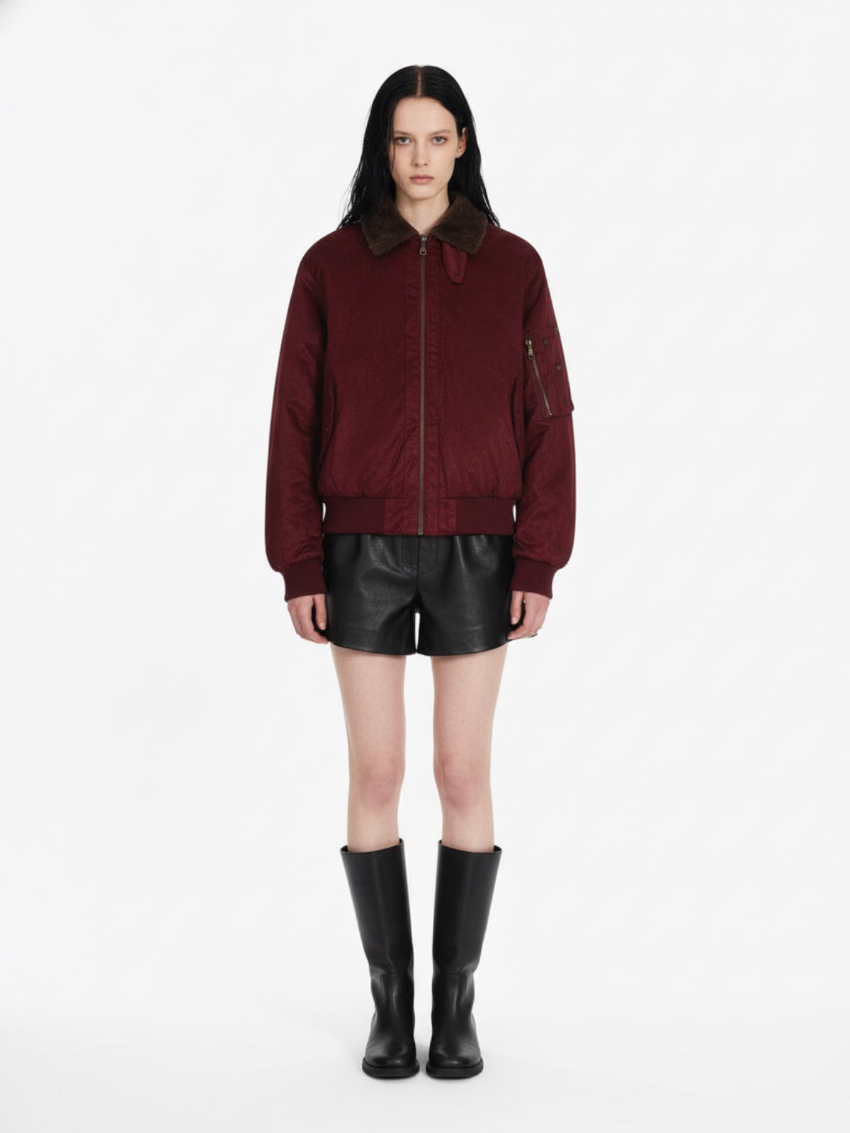 Retro Suede Faux Fur Collar Fleece Lined Bomber Jacket