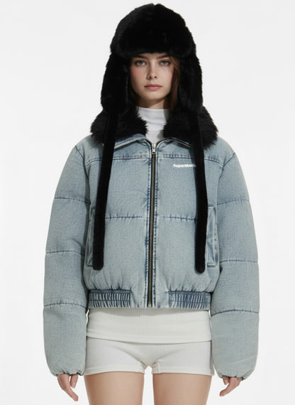 Retro Washed Denim Faux Fur Collar Quilted Jacket