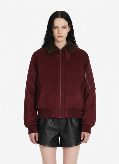 Retro Suede Faux Fur Collar Fleece Lined Bomber Jacket