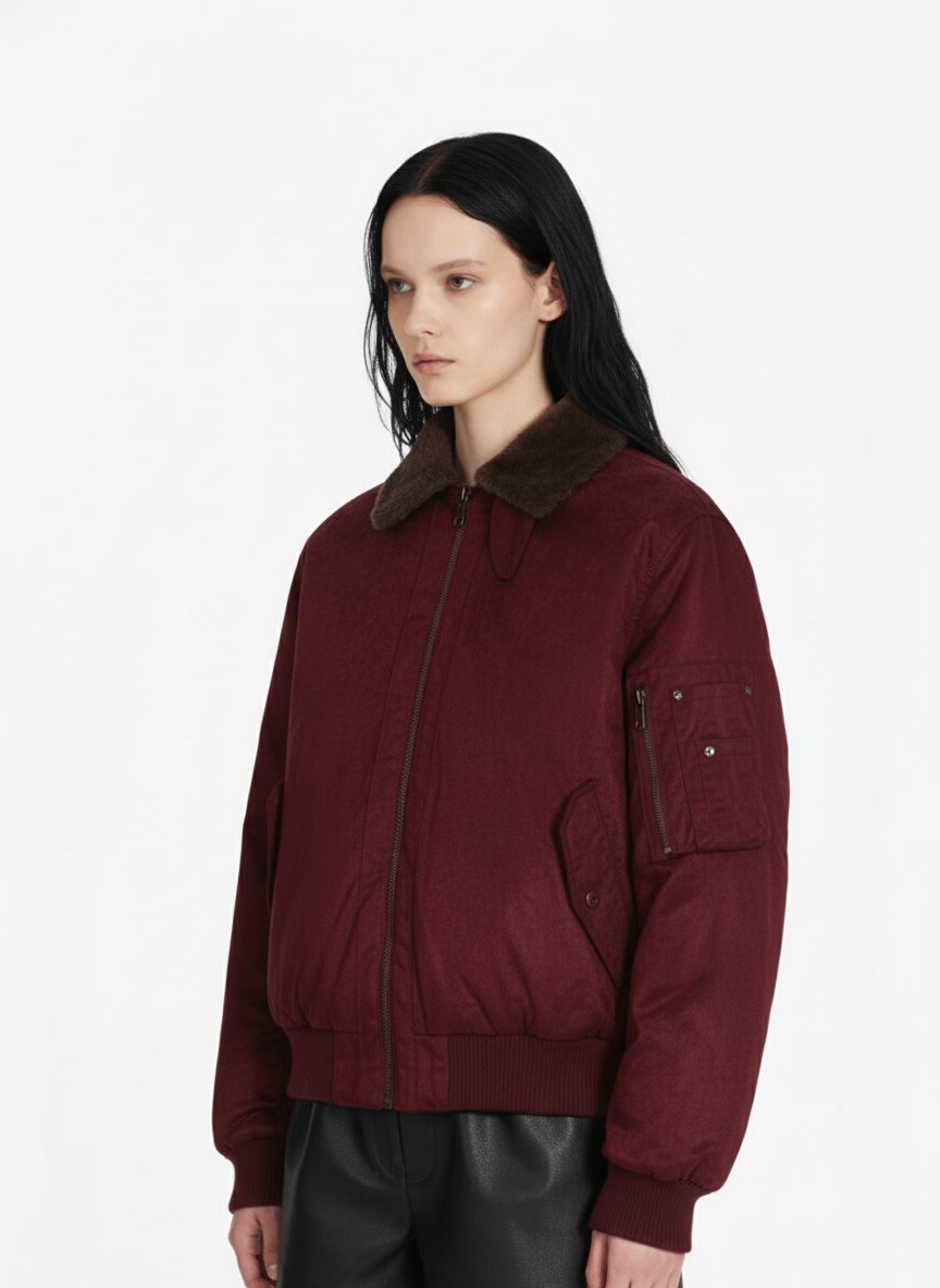 Retro Suede Faux Fur Collar Fleece Lined Bomber Jacket