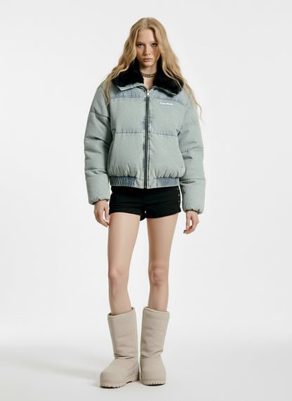 Retro Washed Denim Faux Fur Collar Quilted Jacket