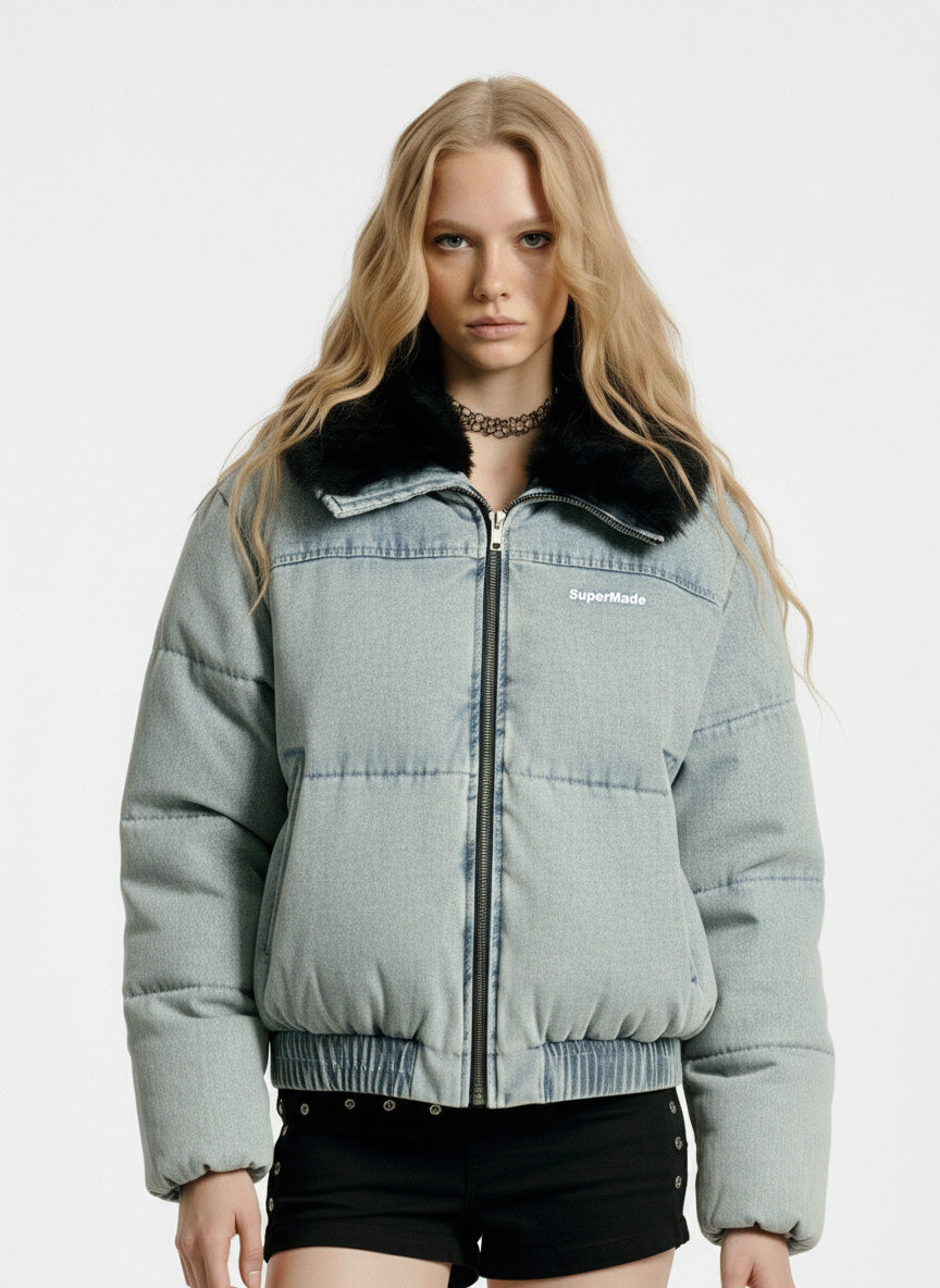 Retro Washed Denim Faux Fur Collar Quilted Jacket